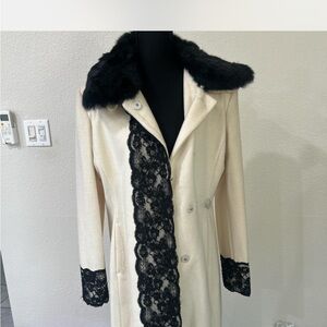 Bebe Cream Coat with Black Lace and Faux Fur